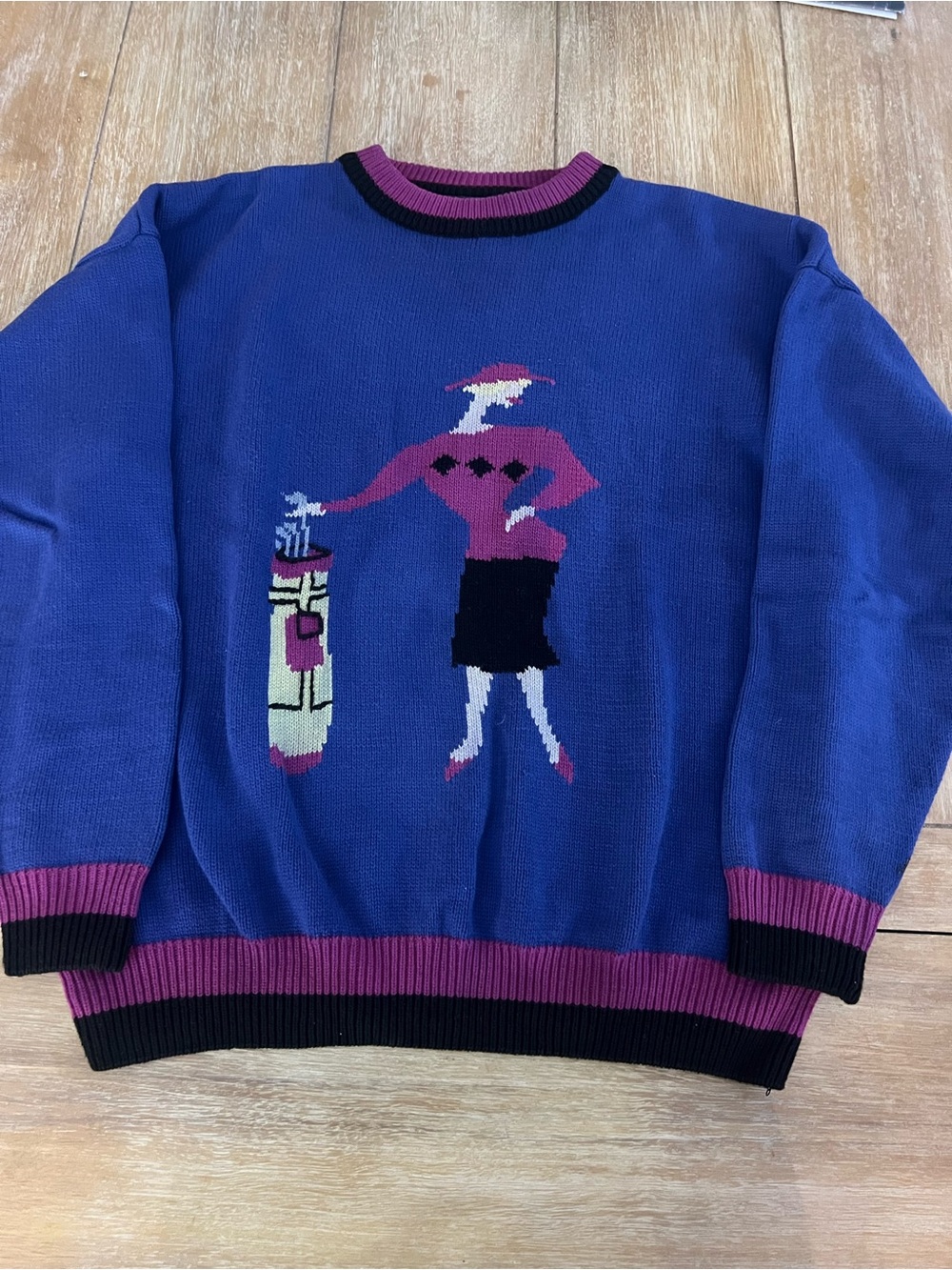 Blue and Magenta Graphic Knit Sweater - Women's Golf Motif